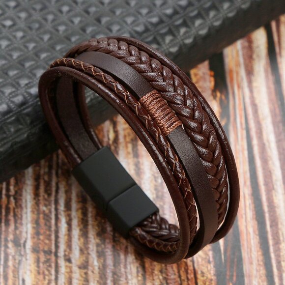 3/$35 Men's Brown Multi-Layer Braided Leather Bracelet Magnetic Clasp Urban Bike - Picture 5 of 5